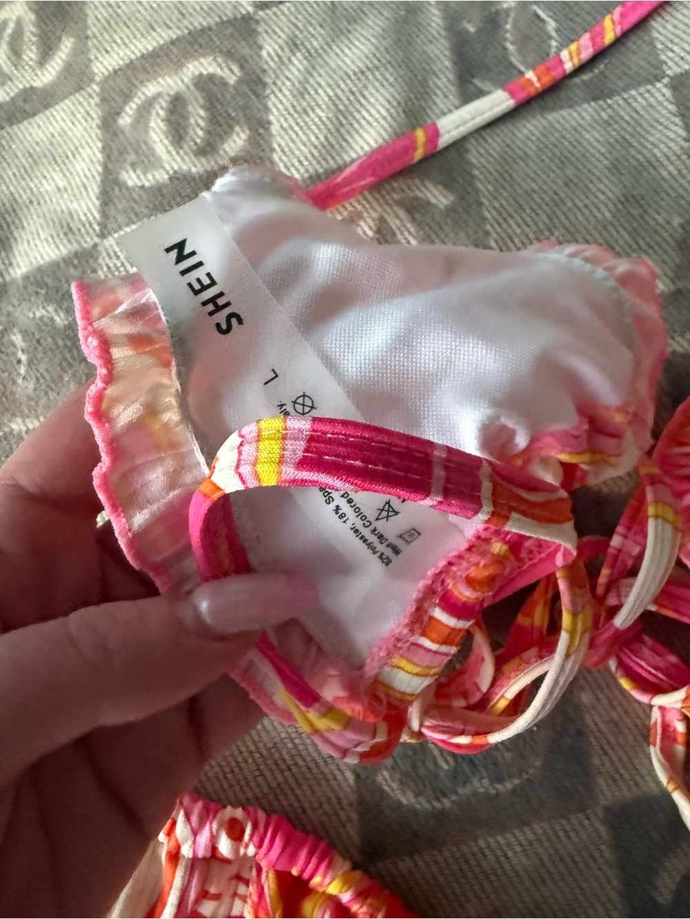 Pink Retro Print Ribbed String Bikini Set Size L - Picture 4 of 5